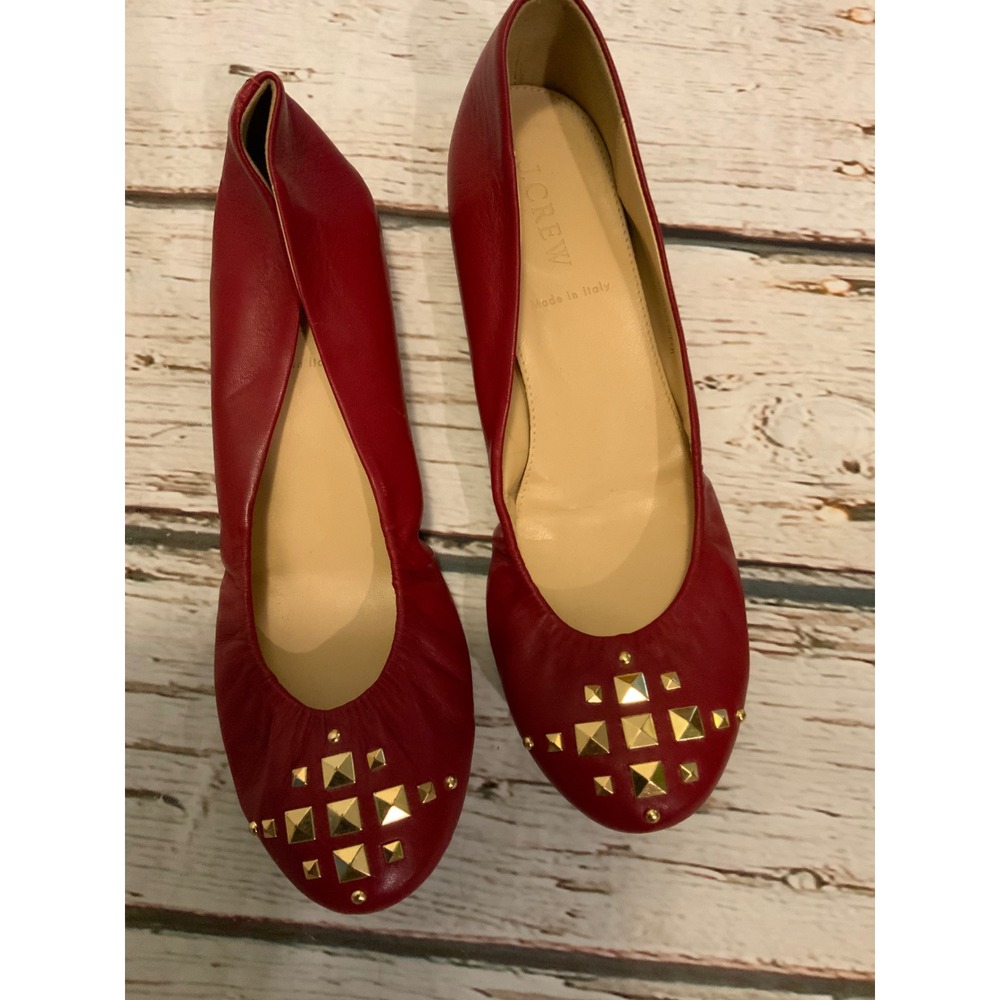 J.Crew Red Leather Studded Ballet Flats Gold Pyramid Studs Made in Italy Size 7